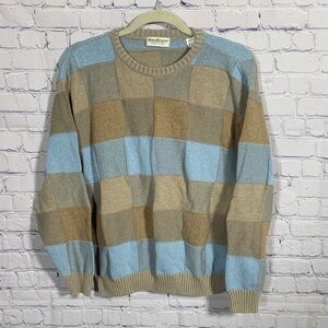 Norm Thompson 3D Knit Checkered Patchwork Sweater Blue Tan Sz M Old Money Casual